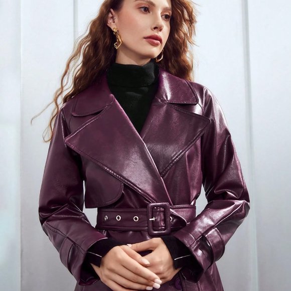 PURPLE PREPPY WOMENS PU LEATHER BELTED TRENCH COATS - Picture 3 of 5